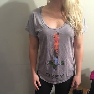 Soft purple obey tee, scoop neck. Comfy & loose